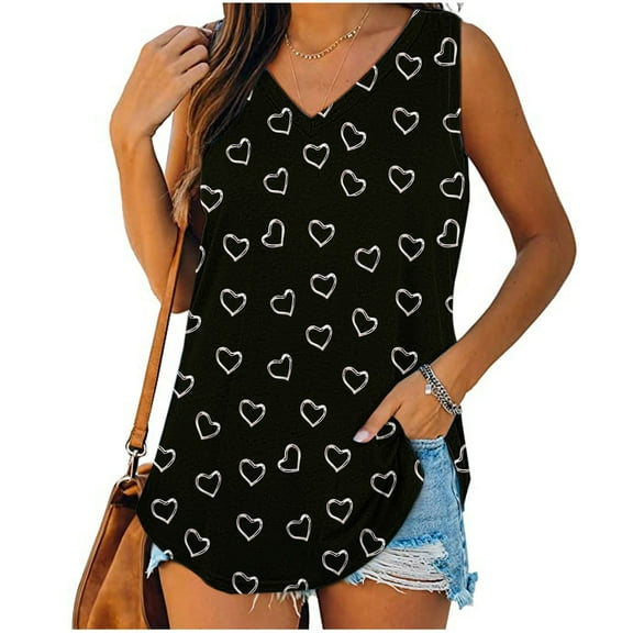 Tank Tops for Women under $5 V-Neck Basic Casual Flowy Summer Sleeveless Print Tank T-Shirt Black L