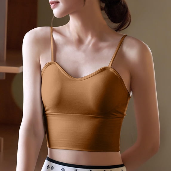 Tank Tops for Women Plus Size with Bra Pads V-neck Underneath Solid Color Base Chest Wrapped Camisole Coffee L