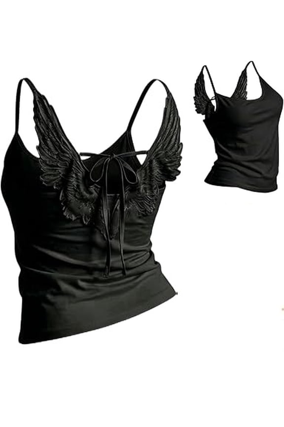 Tank Tops with Built-in Bra - Embroidered Camisole, Fitted Angel Wings Tie Tank for Women