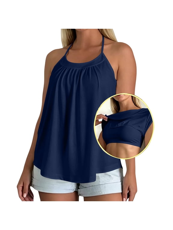 Tank Tops with Built in Bra for Women Halter Top Sleeveless Casual Loose Fit Scoop Neck Solid Color Shelf Bra High Elastic Cami Shirts