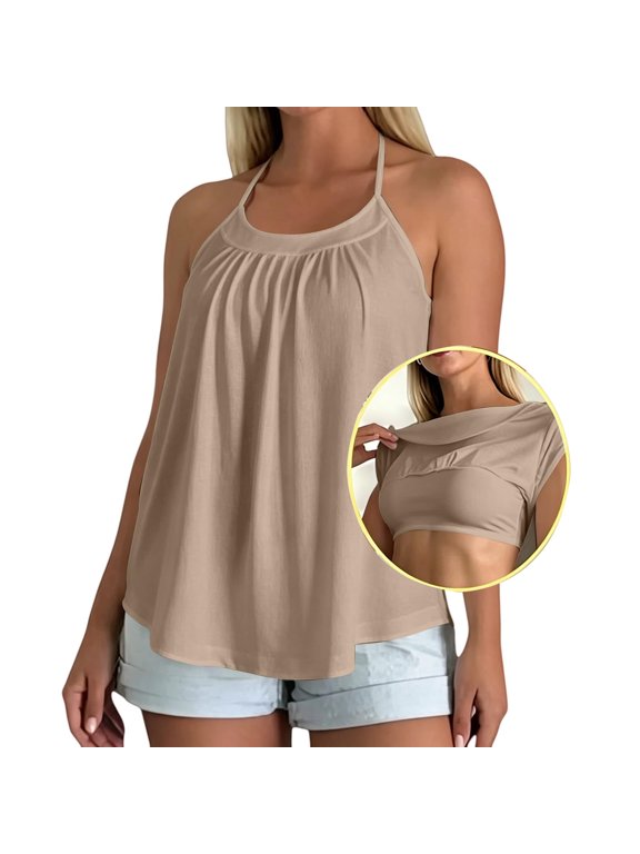 Tank Tops with Built in Bra for Women Halter Top Sleeveless Casual Loose Fit Scoop Neck Solid Color Shelf Bra High Elastic Cami Shirts