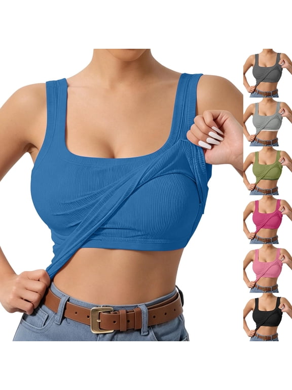 Tank Tops with Built in Bras Summer Casual Sleeveless Square Neck Camisole Tops for Women Trendy Ribbed Tank Top Pink S