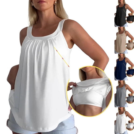 Tank Tops with Built in Bras Sleeveless Wide Strap Plus Size Camisole Square Neck Pleated Loose Cami Tank Shirts,XL,White