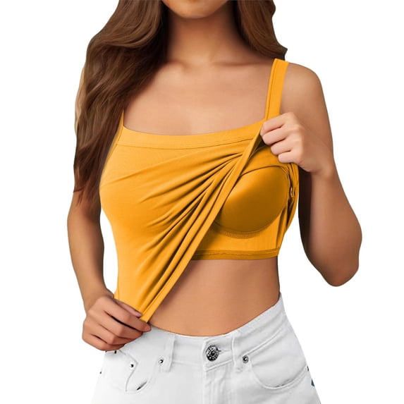Tank Tops with Built in Bras, Square Neck Tank Top, Sleeveless Ribbed Backless Cute Camisole Tops Workout Gym Yoga Undershirts Orange, Size L