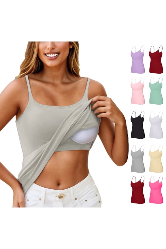 Tank Tops with Built in Bras for Women, Sports Cute Cami Workout Plus Size Camisoles, Spaghetti Strap Undershirts , #02 Light Gray S