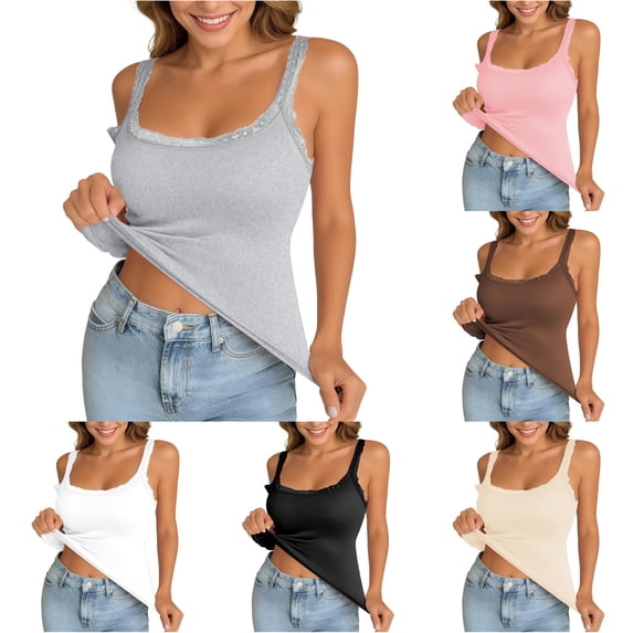 Tank With Built In Bras Lace Spaghetti Strap Camisole Casual Padded Sleeveless Ribbed Shirts Tan Top plus Size Womens Spaghetti Strap Tops