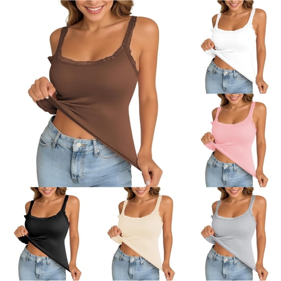 Tank With Built In Bras Lace Spaghetti Strap Camisole Casual Padded Sleeveless Ribbed Shirts Tan Top plus Size Womens Spaghetti Strap Tops