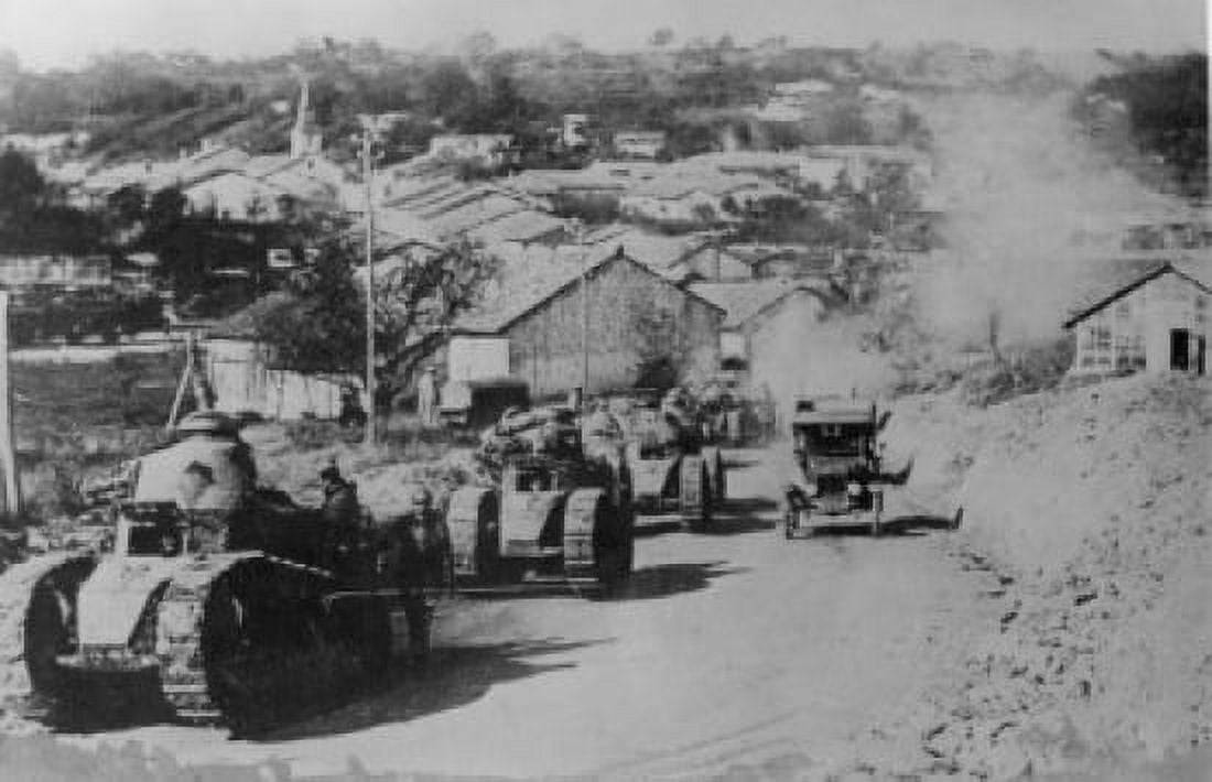 Tank and soldiers going through village Canvas Art - (18 x 24)