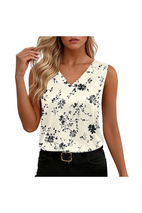 Tank for Women Floral Print Satin V-Neck Tie Waist Blouse,Silky Summer Top White XXL,sold by WHLBF