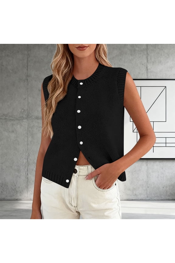 Tank for Women Knit Short Cardigan Sleeveless Vest,Casual Versatile Waistcoat Black L,sold by WHLBF