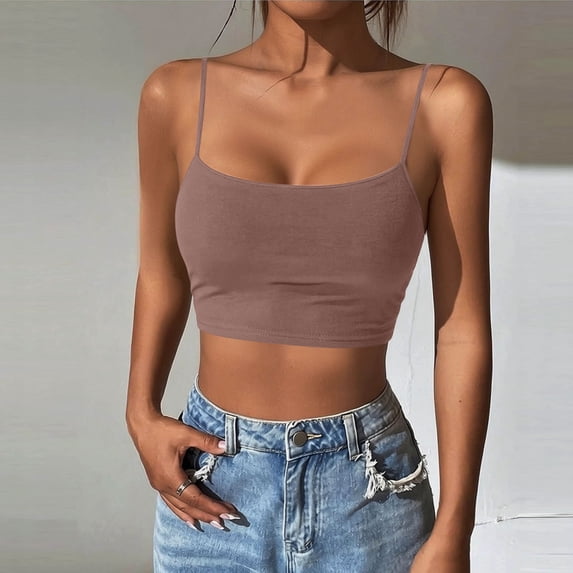 Tank for Women Short Length U-Neck Crop Camisole with Built-In Bra,Summer Top Khaki XL,sold by WHLBF