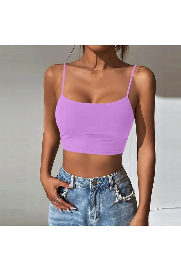 Tank for Women Short Length U-Neck Crop Camisole with Built-In Bra,Summer Top Purple L,sold by WHLBF