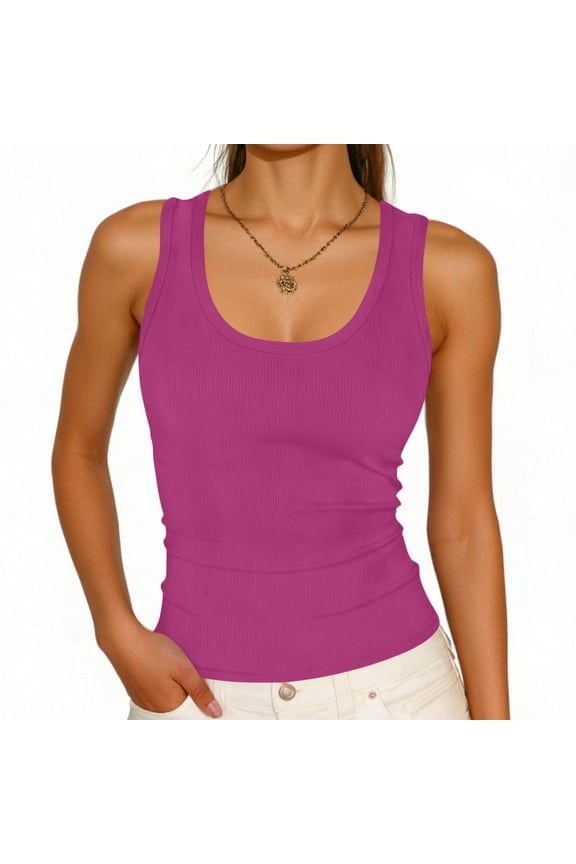 Tank for Women Sleeveless Round Neck Solid Ribbed Fitted Cami Shirt Cami Hot Pink L