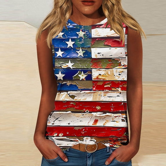 Tank for Women under $5 Independence Day Sleeveless Round Neck Casual T-shirt Multicolor XXXXL
