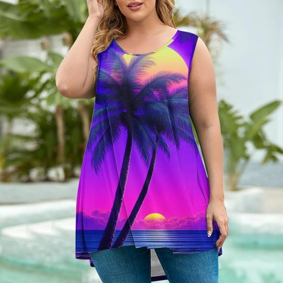 Tank for Women under $5 Sleeveless Round Neck Hawaiian Printing Oversized T-shirt Loose Blouse Purple XXXXL