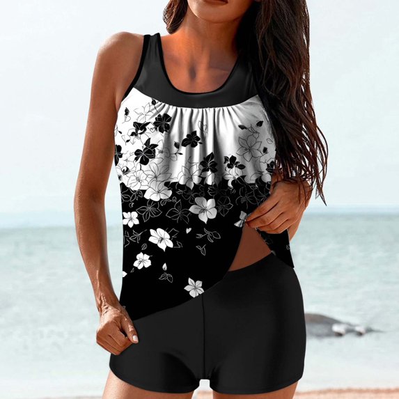 Tankini Bathing Suits for Women Summer Floral Printed Tummy Control 2 Piece Swimsuits with Boy Shorts Athletic Modest Swimwear Multicolor S