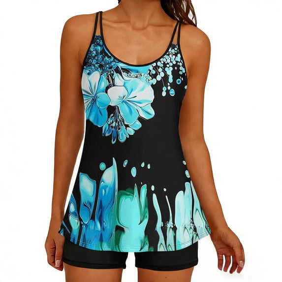 Tankini Bathing Suits for Women Summer Tummy Control Floral Printed 2 Piece Swimsuits with Boy Shorts Athletic Modest Swimwear Black 7 S