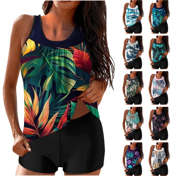 Tankini Bathing Suits for Women Tummy Control Summer Beach Hawaii Tankini Tops with Shorts Two Piece Tankini Swimsuits Blue Swimsuits,Size S-2XL