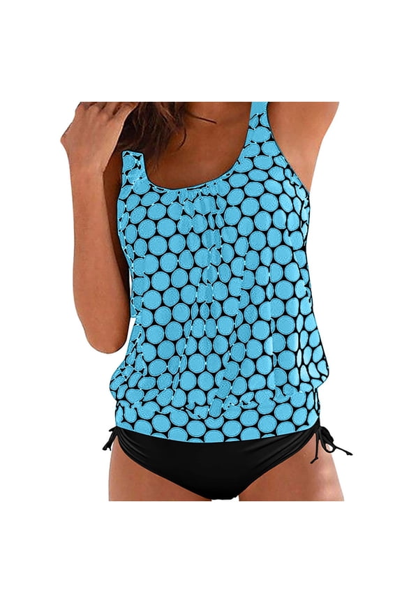 Tankini Bathing Suits for Women Two Piece Printed Swimsuits Loose Blouson Swim Top with Bikini Bottom Swimwear Light Blue 5XL