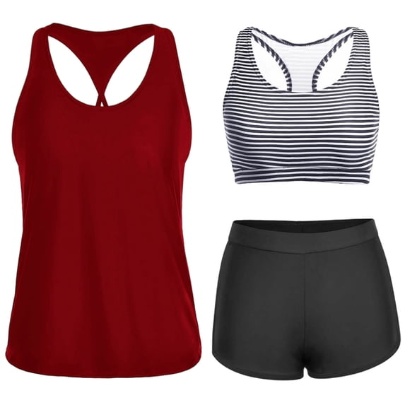 Tankini Sets for Women Built-in Padded Cups Striped Inner Layer 2 Piece Bathing Suits with Boyshorts Tummy Control Athletic Swimsuits Modest Coverage Swimwear