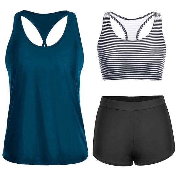 Tankini Sets for Women Built-in Padded Cups Striped Inner Layer 2 Piece Bathing Suits with Boyshorts Tummy Control Athletic Swimsuits Modest Coverage Swimwear