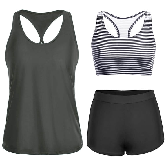 Tankini Sets for Women Built-in Padded Cups Striped Inner Layer 2 Piece Bathing Suits with Boyshorts Tummy Control Athletic Swimsuits Modest Coverage Swimwear