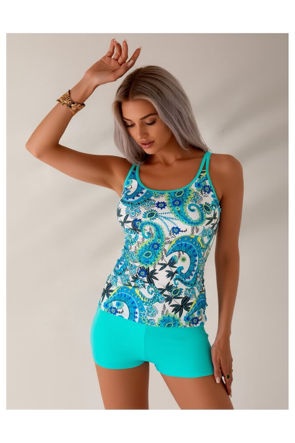 Tankini Swimsuit Light Blue Printed Cutout Straps Tummy Control Slimming Women's Beachwear - Modest Bathing Suits for Summer Vacation, Resort, Pool