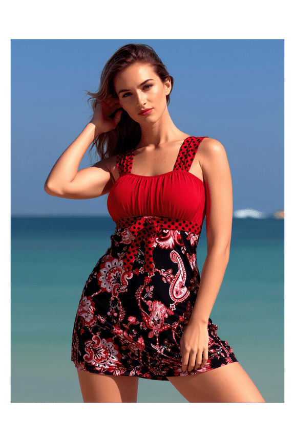 Tankini Swimsuit Red Paisley Print Women's Wide Shoulder Split Backless Swimsuit European American Fashion Hot Spring Vacation Swimwear