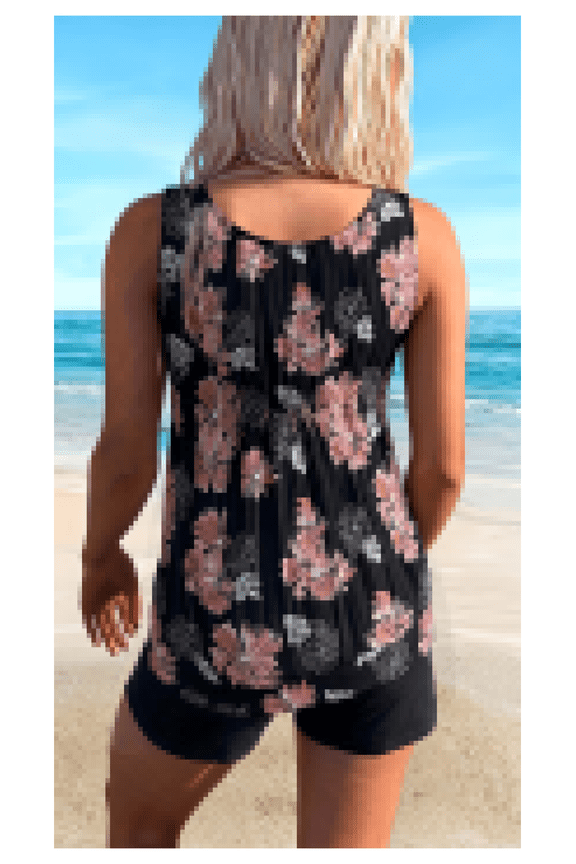 Tankini Swimsuit for Women Black Floral Print - Sleeveless Top with High Waisted Shorts - 2 Piece Bathing Suit Set - Vintage Retro Beachwear for Summer Vacation