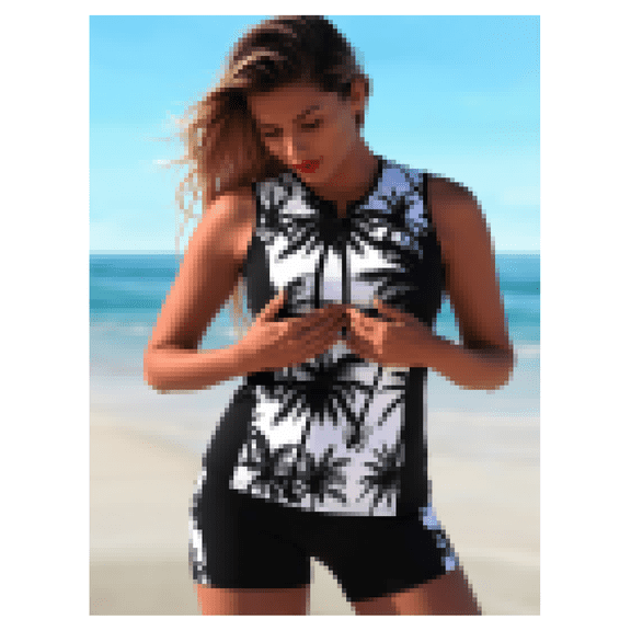 Tankini Swimsuit for Women - Black & White Coconut Print - Slimming Swimwear - Modest Bathing Suit - Two Piece Swimsuit - Flat Front Swim Bottom - Beach Pool