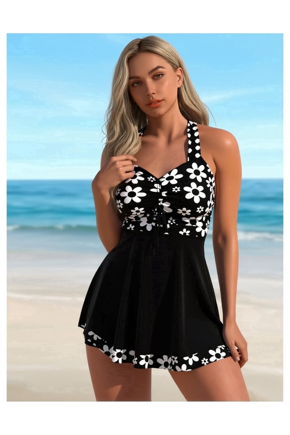 Tankini Swimsuit for Women - Polka Dot and Daisy Halter Top with Flared Skirt Bottom - Tie Front Bathing Suit - Cute Two Piece Swimwear for Beach, Pool, Vacation - Adjustable Straps