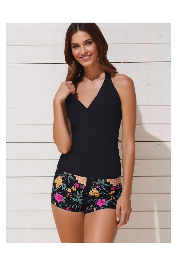 Tankini Swimsuit for Women Black Halter Top Floral Print Boyshorts Two Piece Swimwear Bathing Suit UPF 50+ Adjustable Straps Quick Dry