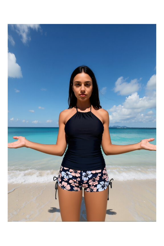 Tankini Swimsuit for Women Black Halter Top Floral Shorts Set - Drawstring Two Piece Bathing Suit for Beach Pool Vacation Summer