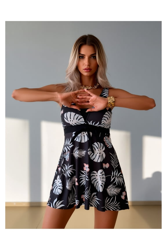 Tankini Swimsuit for Women Black Tropical Print - Tummy Control Swimwear with Backless Top & Slimming Briefs - Casual Beach Pool Resort Bathing Suit