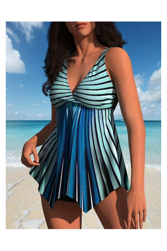 Tankini Swimsuit for Women Flattering Tummy Control V Neck Gradient Stripe Swimwear 2 Piece Bathing Suit Blue Green