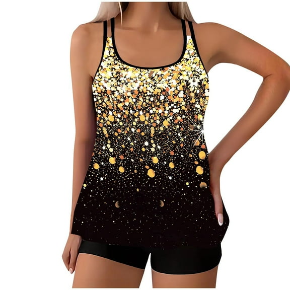 Tankini Swimsuit for Women Flowy Floral Print Two Piece Bathing Suit Plus Size Swimwear Tank Top with Boyshorts Yellow M