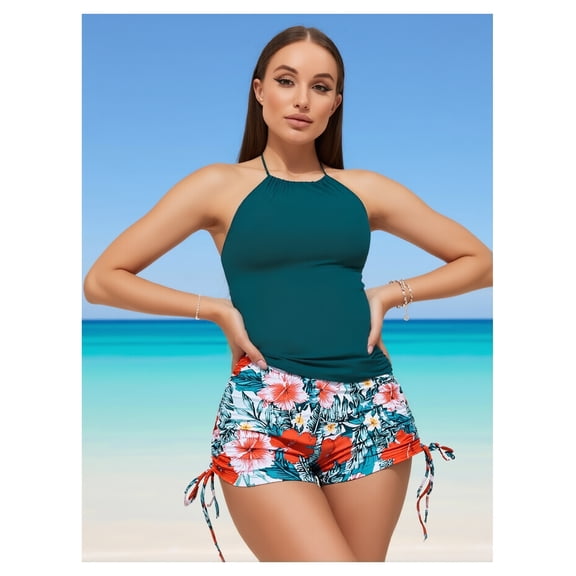 Tankini Swimsuit for Women - High Neck Tummy Control 2 Piece Bathing Suit with Shorts 2024 Halter Top Swimwear - UPF 50  Quick Dry Beachwear