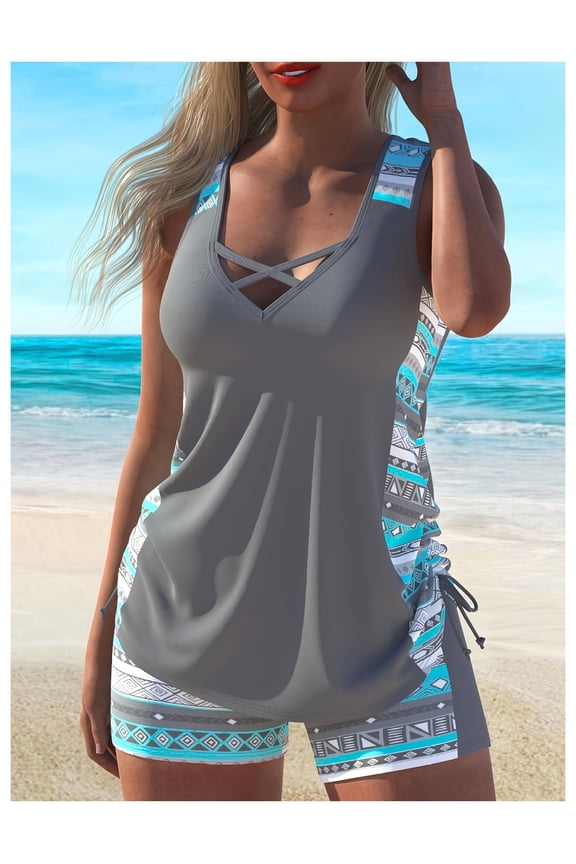 Tankini Swimsuit for Women Large Size Printed Round Neck Backless Two Piece Bathing Suit Straight Leg Beachwear Vacation Swim Sets