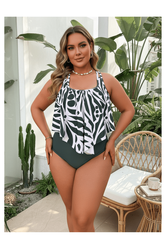 Tankini Swimsuit for Women Large Size Printed Square Neck Swimwear Modest Bathing Suits Two Piece Swimsuits for Vacation Pool Beach