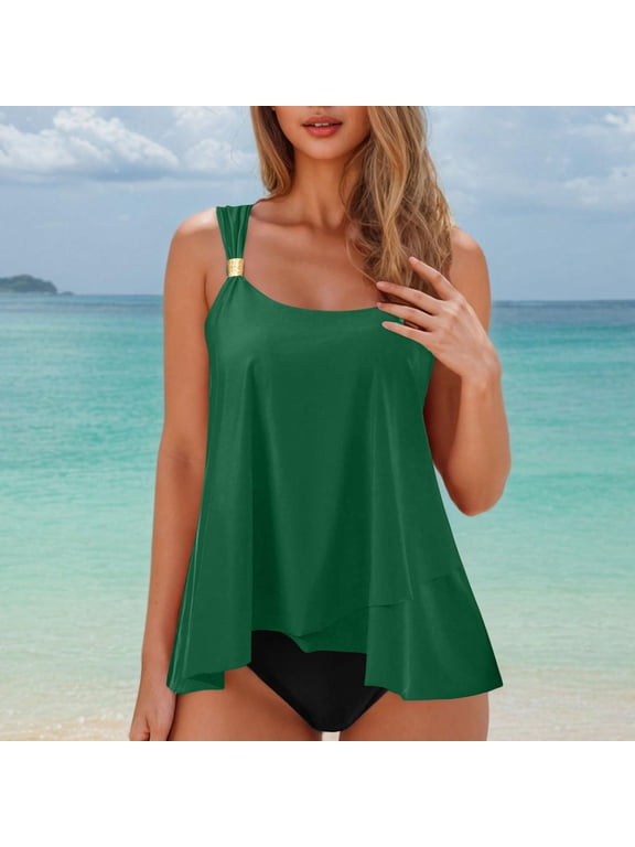 Tankini Swimsuit for Women, Loose Flowy Fit Two Piece Bathing Suit with Buckle Accent Strap Army Green L
