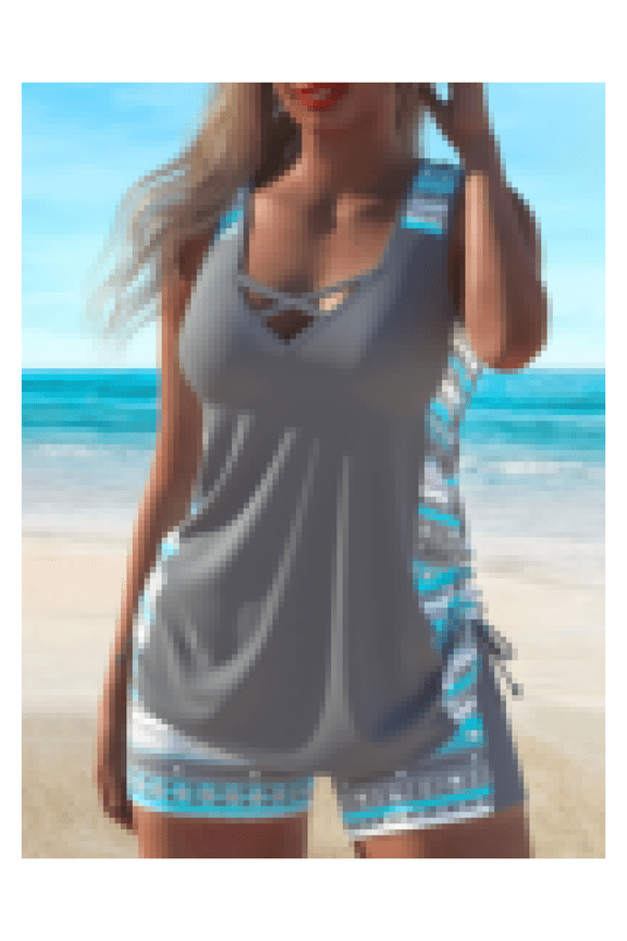 Tankini Swimsuit for Women Printed Large Size Round Neck Backless Two Piece Swimsuit Beachwear Bathing Suit Straight Leg One Piece Set