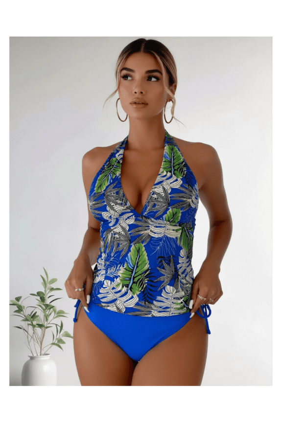 Tankini Swimsuit for Women Tropical Leaf Print - 2 Piece Bathing Suit Off Shoulder Sexy Swimwear Open Back Tied Bikini Sets Beachwear