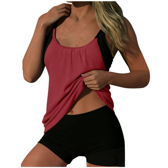 Tankini Swimsuit for Women Two Piece Boyleg Swim Suits Padded Racerback Colorblock Swimwear Bathing Suit (XL, Red A)