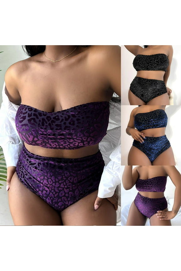 Tankini Swimsuits For Women Sexy Plus Size Strapless Swimwear Solid Leopard Bandeau High Waist Bikini Swim Suit Black Bathing Suits XXXL