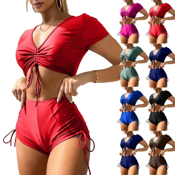 Tankini Swimsuits for Women 2 Piece Set Crisscross Bikini Top Side Tie Boyshorts Bikini Set Summer Swimming Tummy Control Bathing Suits for Women Red L