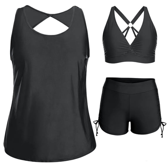 Tankini Swimsuits for Women Built-in Padded Cups 2 Piece Bathing Suits Loose Fit Tummy Control Tank Top with Ruched Side Boyshorts Full Coverage Swimwear