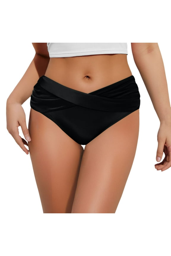 Tankini Swimsuits for Women,Ruched Bikini Bottom High Waisted Front Detail Swim Bottom Bathing Suit Comfortable Full Coverage Brief for Mix and Match Beach Outfits,Popular Swimsuits,Black,L