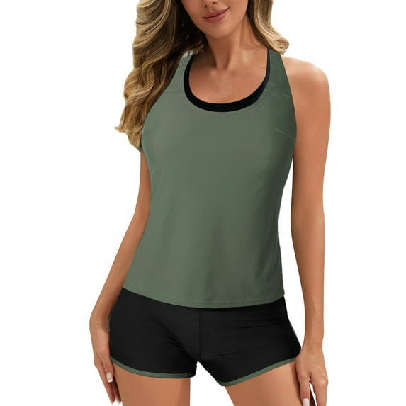 Tankini Swimsuits For Women Tummy Control Athletic 3 Piece With Shorts Swim Tank Tops With Sports Bra And Boyshorts Suits Full Coverage Swim Suits For Women 2025 Swimwear Green L