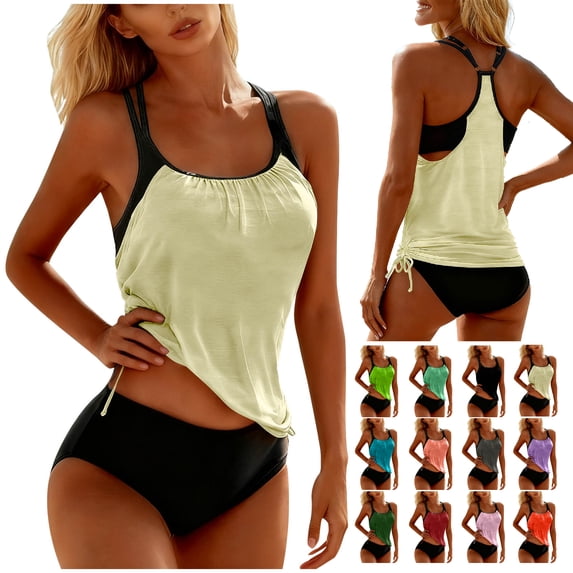 Tankini Swimsuits for Women Two Piece Summer Beach Athletic Bathing Suits Racerback Padded Tankinis with Briefs with Drawstring Side Beige Swimsuit Sets,Size S-2XL