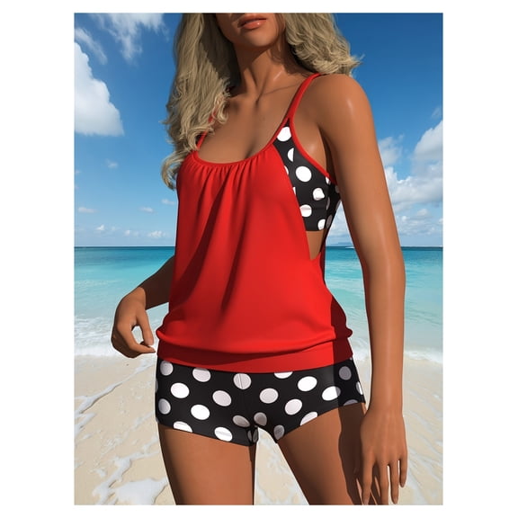 Tankini Swimsuits for Women Two Piece Tummy Control Bathing Suit Blouson Tankini Top with High Waisted Shorts; Plus Size Swimwear; Modest Swimsuit for Beach; Vacation; Pool